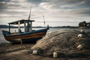 Barco de pesca artesanal e redes sobre uma mesa, em composição editorial ilustrativa sobre investigação de fraude no Seguro-Defeso