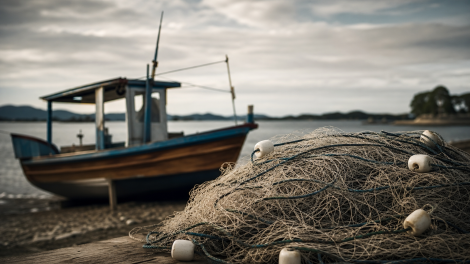 Barco de pesca artesanal e redes sobre uma mesa, em composição editorial ilustrativa sobre investigação de fraude no Seguro-Defeso