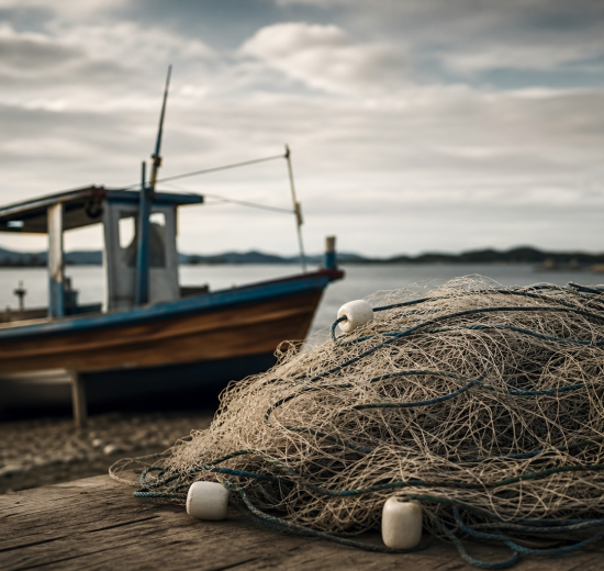 Barco de pesca artesanal e redes sobre uma mesa, em composição editorial ilustrativa sobre investigação de fraude no Seguro-Defeso