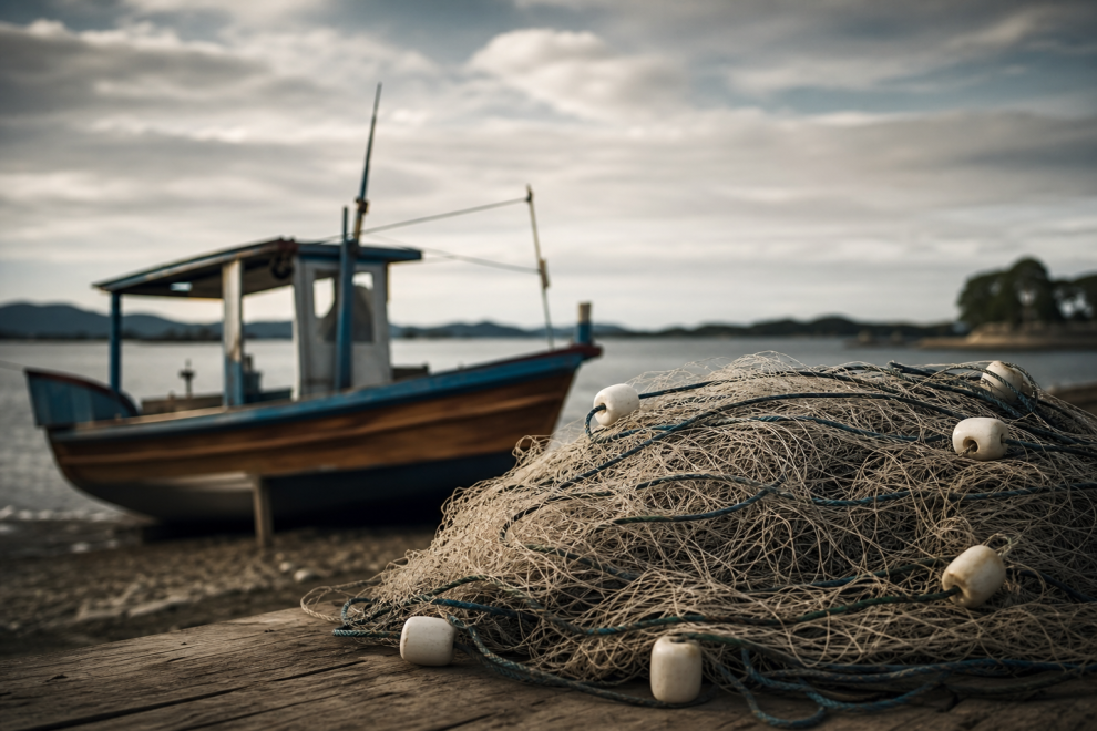 Barco de pesca artesanal e redes sobre uma mesa, em composição editorial ilustrativa sobre investigação de fraude no Seguro-Defeso
